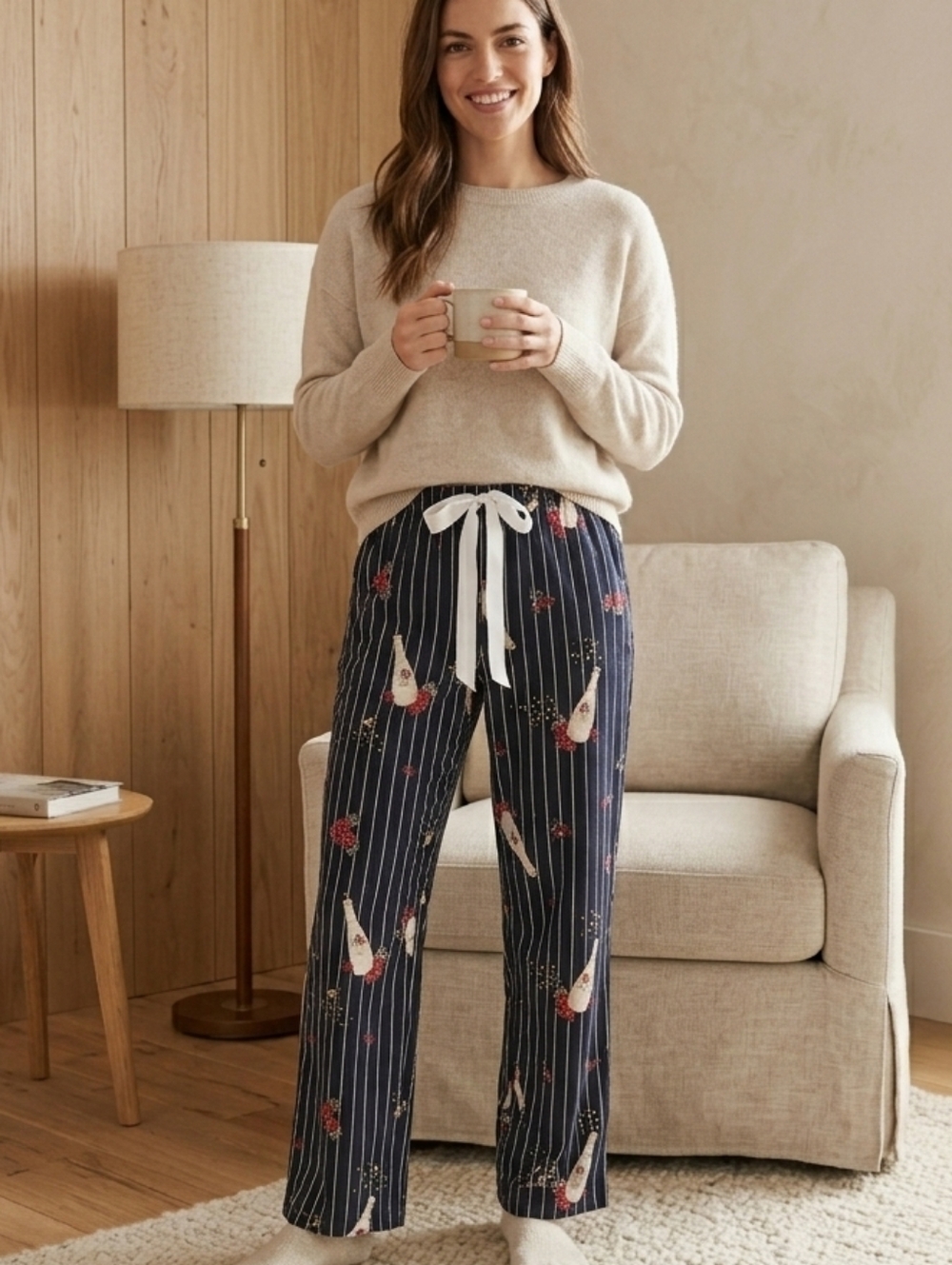 Soma Lounge Pants Medium Navy Pinstripe Champagne Print Cotton Modal Like New! - Picture 1 of 10